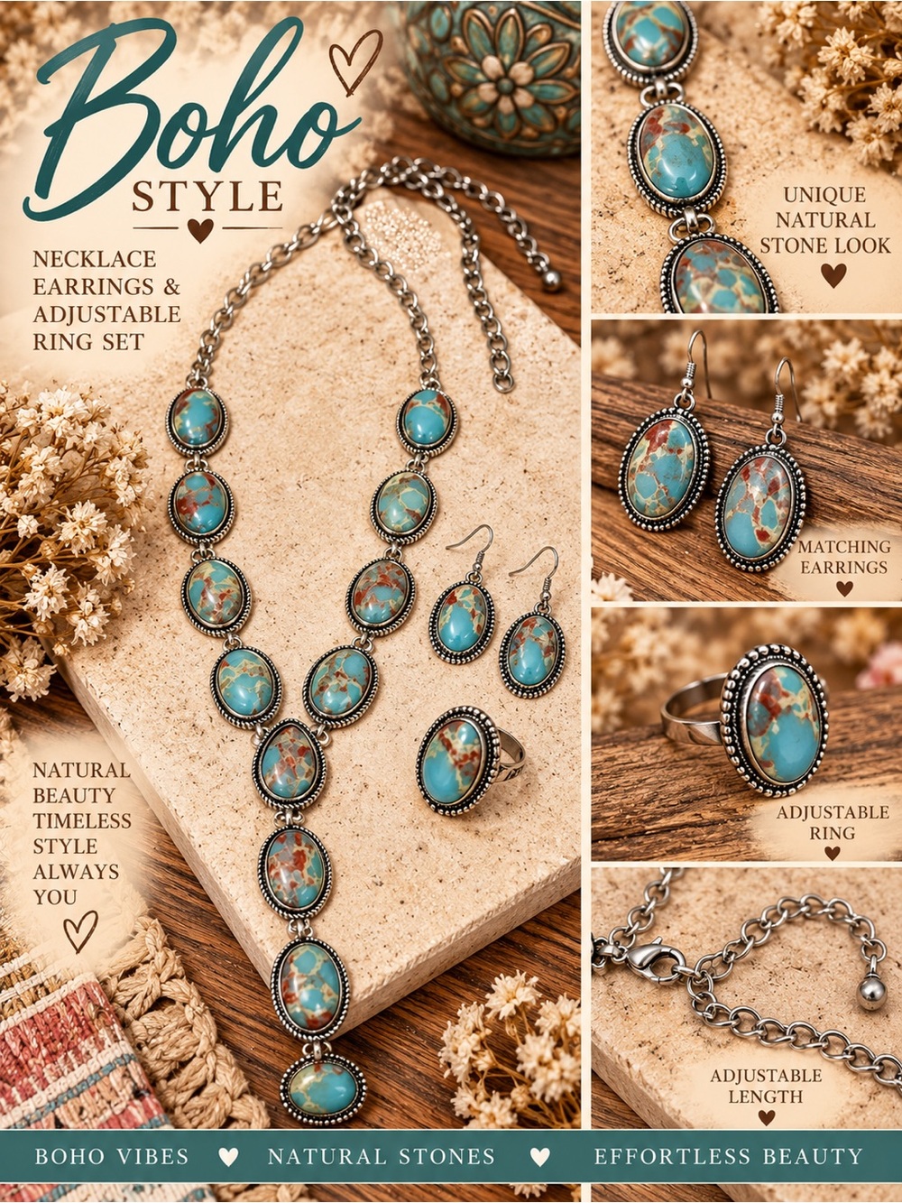 Boho Turquoise Stone Necklace, Earrings & Adjustable Ring Set